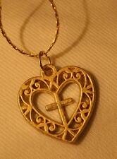 Dainty Openwork Swirled Cross Centered Heart Goldtone Pendant Necklace picture