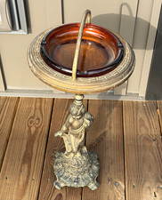 Antique VTG  MID-CENTURY BRAS CHERUB PEDESTAL 20” SMOKE STAND AMBER GLAS ASHTRAY picture