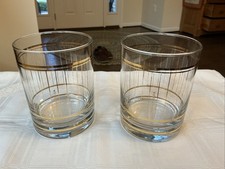 Vintage Set 2 MCM Culver Made In USA Gold Striped Lowball Old Fashion Glasses picture