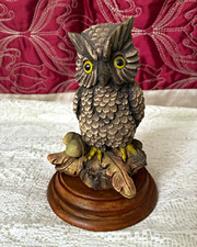 Vintage Heavy Resin Long Eared Owl Figurine On Wooden Plinth Glass Eyes Signed picture