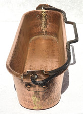 Vintage 18.5inch French Copper Fish Kettle Planter Hammered Iron Swing Handle picture