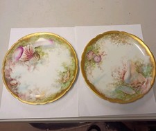 Jpl France limoges hand Painted Shells & Gold Trim Rare Plate Pair picture