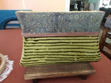 Vintage CERAMIC PLANTER W/GREEN BLACK STRIPES AND BROWN  CLUTCH SHAPED picture