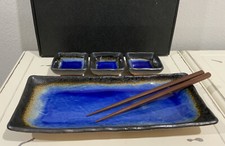 Vtg Japan Miya Kosui Blue Sushi Plate Chopstick Condiment 5 Pc Set Original Box picture
