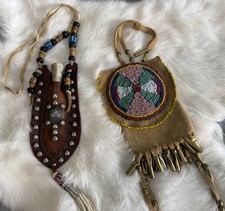 Mountain Man Knife Leather Sheath Antler Handle & Beaded Buckskin Medicine Bag picture