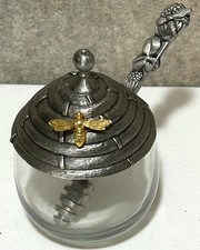 Salisbury Pewter Glass Honey Pot & Dipper w/ Gold Plated Honey Bee Made In USA picture