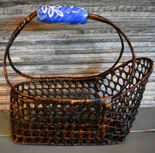 Hand Woven Lattice Wicker Bali Basket Handpainted Ceramic Handle 9