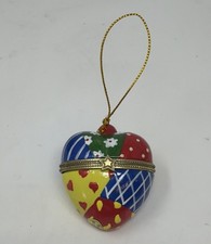 Vintage Heart Shaped Glass Christmas Ornament Hinged Trinket Box Patchwork picture