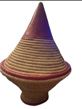 Vintage African Handwoven Coiled Basket Cone Lid Leather Trim Ethnic Decor 29in picture