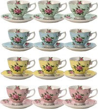 BTaT- Floral Tea Cups and Saucers, Set of 12, 8 oz, Fine Porcelain Teacup Set picture