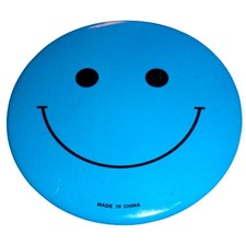 Vintage 1990s Cyan Blue Smiley Face Pinback Button 3 Inch Alaska Souvenir 1994 picture