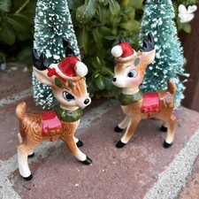 Vintage KREISS Christmas Reindeer  Rudolph Santa Hat Ceramic Salt Pepper Set  picture