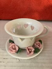 Ceramic Tea Cup and Saucer with Pink Roses Votive Candle Holder. DWK picture