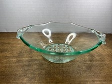Vintage Green Depression Glass Bowl Etched Serving Bowl with Handles Decagon 7” picture