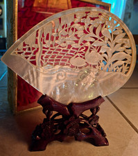 Vintage Chinese Hand Carved Mother of Pearl Shell Art Openwork Cranes with Box picture