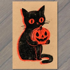 POSTCARD Cat Pumpkin Jack O Lantern Halloween Retro Black Orange Graphic picture