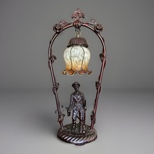 Fantastic Bronze Table Lamp Light Hunter W/Rabbit  Art Nouveau Style Glass Shade picture