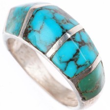 sz10.25 vintage Navajo sterling silver carinated turquoise inlay ring picture