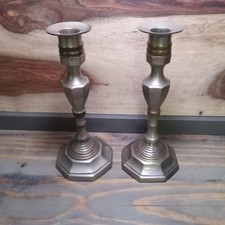 Vintage Metal Candlestick Holders Pair 8in Brushed Nickel Octagonal Base picture
