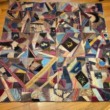 Antique Primitive Crazy Quilt 1800’s 1900’s Embroidered 72” X 73” Solid Back picture
