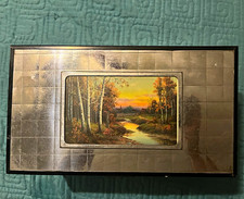 Vtg 1930s Art Deco Chromium Tiled Wood Cigar Box JM Stone Autumn Landscape Lock picture