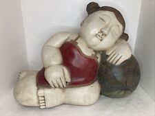 Vintage Large Hand-Carved Solid Wood Asian Girl Sleeping on Melon 14” Out/Indoor picture