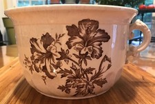 Vtg Handle White Ironstone Chamber Pot Brown Hibiscus Floral Transferware picture
