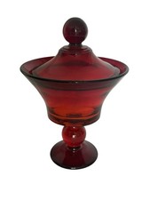 VTG RUBY RED GLASS FOOTED COMPOTE COVERED CANDY DISH JAR UNMARKED picture