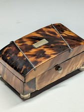 Antique Regency Faux Tortoise Footed Snuff Box Inlaid Stringing Blue Paper Caddy picture
