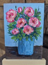 ACEO Original Acrylic Painting Pink Roses Blue Vase Floral Original Art OOAK picture
