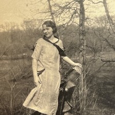 Antique Sepia Snapshot Photograph Beautiful Young Women Standing On Stump picture