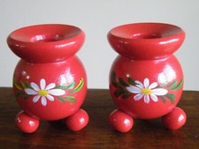 2 Vintage SWEDEN Wood Candle Holder RED w WHITE Daisy Flower 1-3/4