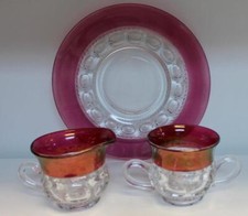 Indiana Glass Ruby Red Flash Kings Crown Thumbprint Creamer Sugar +Dessert Plate picture