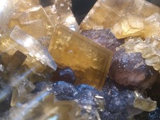 Yellow Baryte with Phantoms on Purple Botryoidal Fluorite- Natural Crystal picture