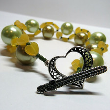 Sterling 925 Silver Toggle Clasp Beaded Yellow Green Cluster Heart Bracelet picture