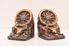DODGE 1940s Vintage Antique Metal Western Cow Skull Wagon Wheel Cactus Bookends picture