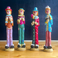Vintage Tall Skinny Ceramic Clown Figurines Set of 4 Thin Colorful Circus VTG picture