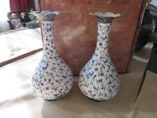 Pair antique 1920's  Persian Enamel Minakari vases. Birds, flowers picture