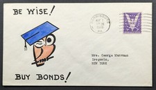 Vintage 1945 Owl Be Wise Buy Bonds Military World War 2 Original Art Envelope picture