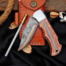 Copper Damascus Pocket Knife African Wood Handle Handmade Folding Knife & Sheath picture