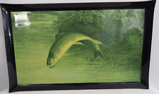 ANTIQUE MCM SAMUEL A KILBOURNE LEAPING BROOK TROUT 1874 LACQUER SERVING TRAY WOW picture