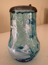Vintage Mary Gregory Blue Glass Lidded Stein,Milk Glass Lid picture