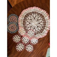 Vintage Handmade Crochet Doily Set 4pc Pink White Blue Floral Lace Cottagecore picture
