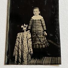 Antique Tintype Photograph Adorable Little Girl Plaid Dress Table Flowers picture