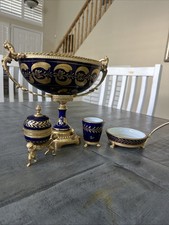 RARE Antique 4 Set French Cobalt-Blue/Gold Porcelain Centerpiece/Lighter/DishCup picture