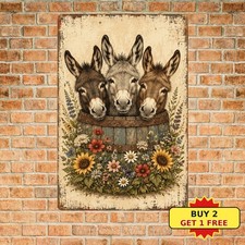 Donkey Trio Sitting on Barrel Funny Farmhouse Barnyard Art Metal Tin Sign 8x12 picture