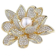 10K Yellow Gold Over Diamond And Pearl Studded Flower Brooch Pin For Mens/Womens picture