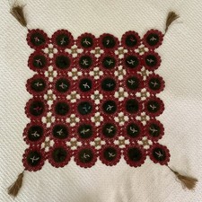 VTG Handmade Crochet Doily Red Green Tassels Applique Embroidered 18” Christmas picture