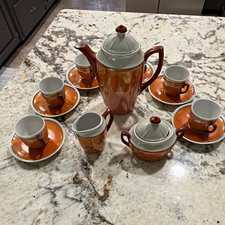 Antique c1920s German Lusterware Coffee Tea Set 17 Pc Orange Iridescent Germany picture