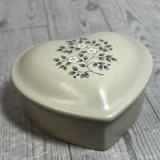 Vintage Heart Shaped Stoneware Trinket Box Beige Floral Lid Cottage Decor picture